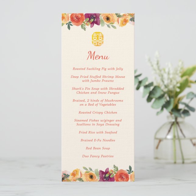 Menu Banquete de casamento chinês bege com estrutura fl (Em pé/Frente)