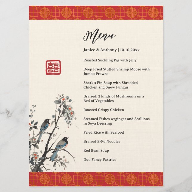 Menu Banquete de casamento chinês moderno para aves flo (Frente)
