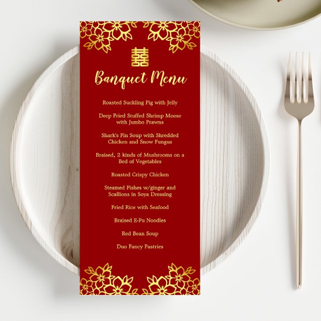 Menu Banquete floral vermelho moderno de casamento chin (Criador carregado)