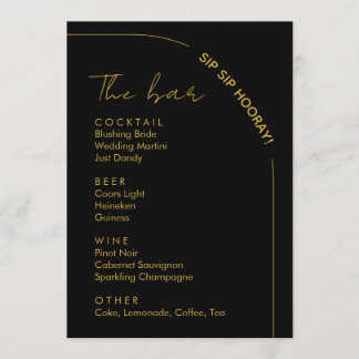 Menu Bar de Bebidas de Casamento Moderno Preto e Dourad