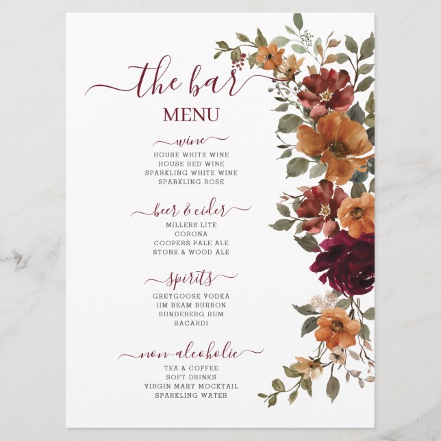 Menu Bar De Burgundy Burnt Orange Floral (Frente)