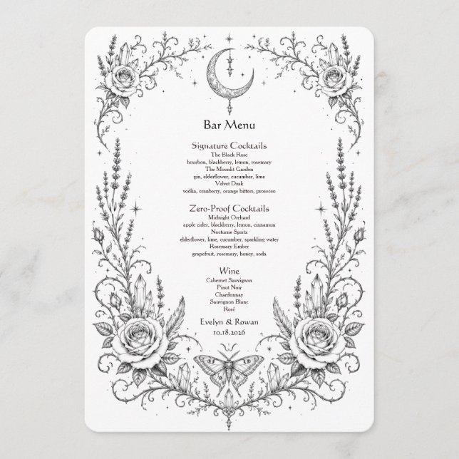 Menu Bar de Casamento Botânico Gótico Preto e Branco (Frente)