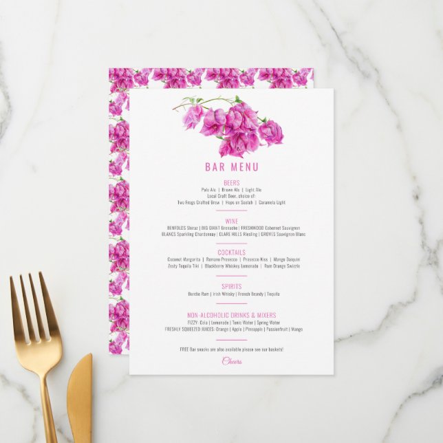 Menu Bar de casamento de cor d'água roxa-rosa Bougainvi (Frente/Verso In Situ)