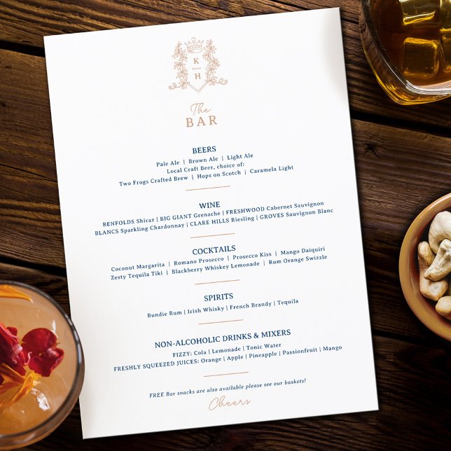 Menu Bar de casamento do monograma da crista azul branc (Criador carregado)