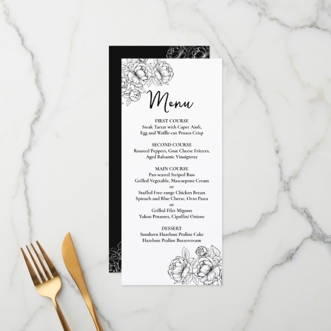 Menu Bar De Casamento Floral De Boho Branco Preto Duplo (Frente/Verso In Situ)