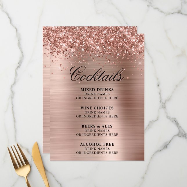 Menu Bar de Coquetéis com Brilho em Faux Dourado Rosa e (Frente/Verso In Situ)