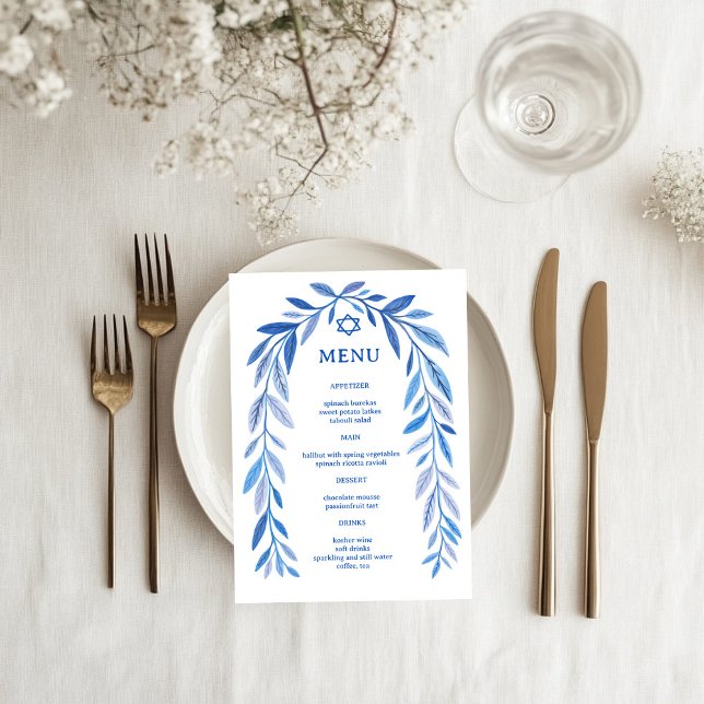 Menu Bar de Evento Judaico de Cores Aquáticas Botânicas (Botanical Watercolor Jewish Wedding Event Bar Bat Mitzvah Menu
)