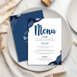 Menu Bar Mitzvah Bold Marinho Moderno Blue Agate Script<br><div class="desc">Tenha orgulho, alegria e mostre este marco do seu Bar favorito Mitzvah com uma celebração para se orgulhar! Atraia seus convidados com este cardápio de festas, moderno e formidável, com roteiro de caligrafia azul-marinho, tipografia azul-marinho e cinza mole, e rochas agatosas azuis acentuadas com veias falsas prateadas, todas sobrepondo um...</div>