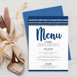 Menu Bar Mitzvah Modern Marinho Blue Silver Tallit Scri<br><div class="desc">Tenha orgulho, alegria e mostre este marco do seu Bar favorito Mitzvah com uma celebração para se orgulhar! Aperte seus convidados com este cardápio de festas moderno e espantoso, com roteiro de caligrafia azul-marinho, tipografia azul-marinho e cinza mole, e um gráfico inspirado no talento lixado com brilho azul-marinho e cintilante...</div>