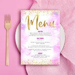 Menu Bat Mitzvah Dourada Folha Brilhante Cor-de-Água Ro<br><div class="desc">Tenha orgulho, alegria e mostre este marco do seu Bat Mitzvah favorito com uma celebração de que se orgulhe! Aperte seus convidados com este menu fantástico, moderno, de refeições partidárias, com folha fina de ouro cintilante e pontos brilhantes e script de tipografia contra um fundo de aquarela cor-de-rosa suave. Seu...</div>