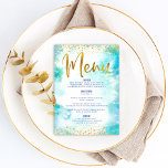 Menu Bat Mitzvah Dourada Folha Leve Turquoise Aquarela<br><div class="desc">Tenha orgulho, alegria e mostre este marco do seu Bat Mitzvah favorito com uma celebração de que se orgulhe! Atraia seus convidados com este cardápio moderno e deslumbrante de refeições de festas, com folhas de ouro cintilantes e pontos brilhantes e um roteiro de tipografia contra um fundo de aquarela turquesa....</div>