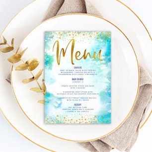 Menu Bat Mitzvah Dourada Folha Leve Turquoise Aquarela