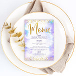 Menu Bat Mitzvah Dourada Folha Lípida Púrpura Aquarela<br><div class="desc">Tenha orgulho, alegria e mostre este marco do seu Bat Mitzvah favorito com uma celebração de que se orgulhe! Aperte seus convidados com este cardápio moderno, impressionante, de refeições partidárias, com papel fino e pontos brilhantes de ouro e um roteiro de tipografia contra um fundo de aquarela roxa e macia....</div>