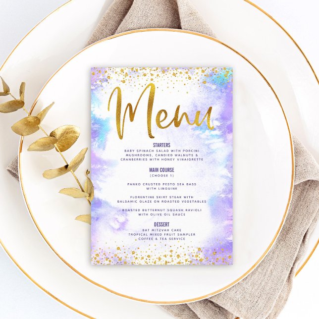 Menu Bat Mitzvah Dourada Folha Lípida Púrpura Aquarela (Criador carregado)