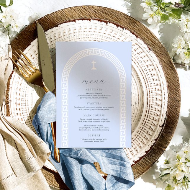 Menu Batismo azul de arco-chave grego (Criador carregado)