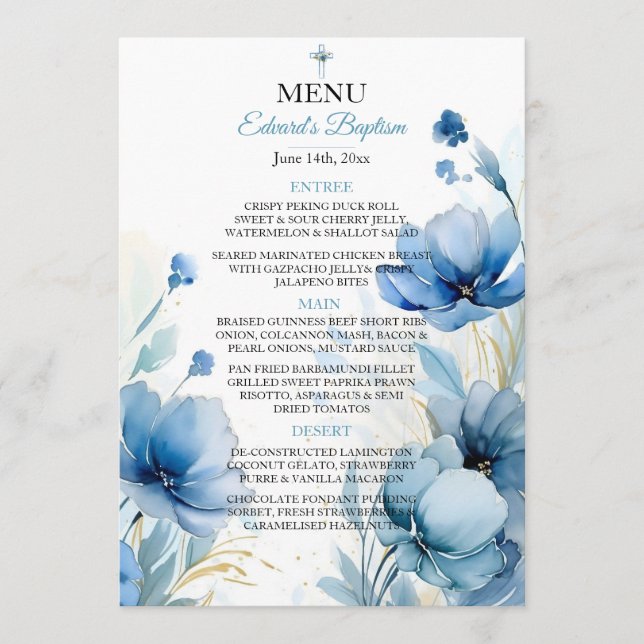 Menu Batismo Azul-Derramante Floral Elegante (Frente)