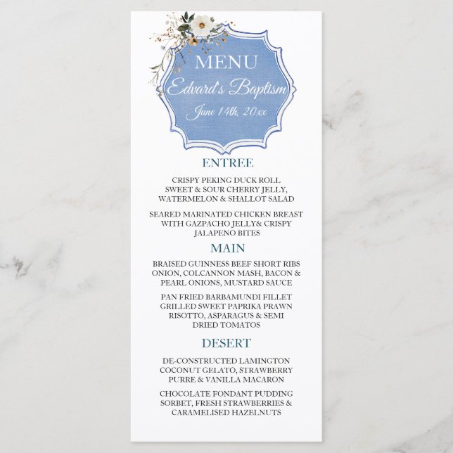 Menu Batismo Azul-Derramante Floral Elegante (Frente)