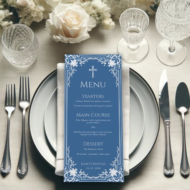 Menu Batismo Clássico Blue Elegante Christening (Criador carregado)