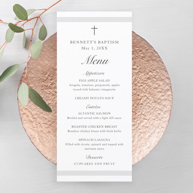 Menu Batismo das Cinzas Elegantes Modernas (Modern gender neutral  baptism menu with script headlines and simple cross.)