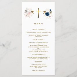 Menu Batismo Dourado Floral Azul-Rosa Elegante
