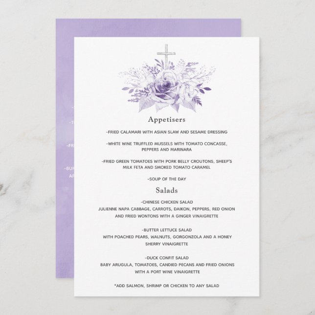 Menu Batismo Floral Lilac e Silver ou Christening (Frente/Verso)