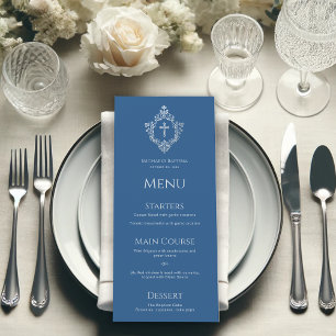 Menu Batismo Menino Azul Clássico Brasão Vintage Elegan