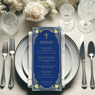 Menu Batismo Menino Azul Real Falso Cruz Religiosa Dour
