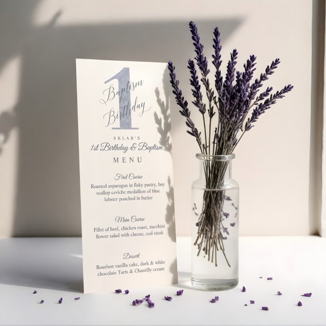 Menu Batismo primeiro aniversario de Violet Baby, Scrip (Elegant Script Violet Baby's 1st Birthday Baptism Menu)