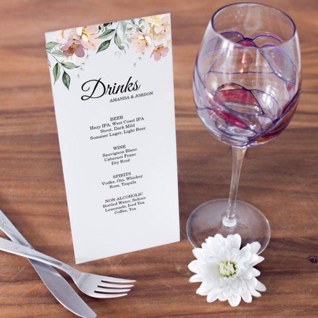 Menu Bebida Floral de Casamento Rosa e Mauve Vinta (Criador carregado)
