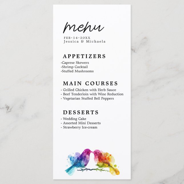 MENU + Bebidas Arco-Íris Coleção de Aves (Frente)