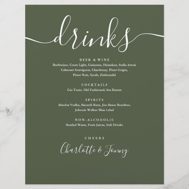 Menu Bebidas de Casamento com Script Moderno Verde (Frente)