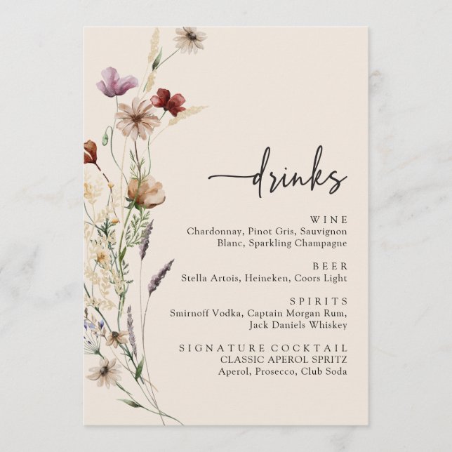 Menu Bebidas de Noiva com Flores Silvestres Elegantes (Frente)