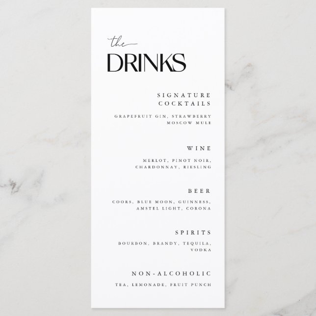 Menu Bebidas minimalistas de Casamento Branco (Frente)