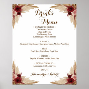 Menu Bebidas Poster de Casamento de Grama de Pampa