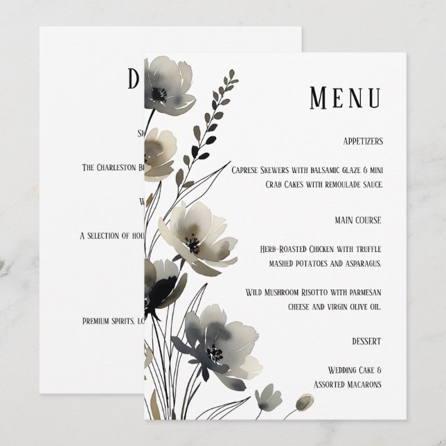 Menu Beige Neutral Floral Wedding (Frente/Verso)
