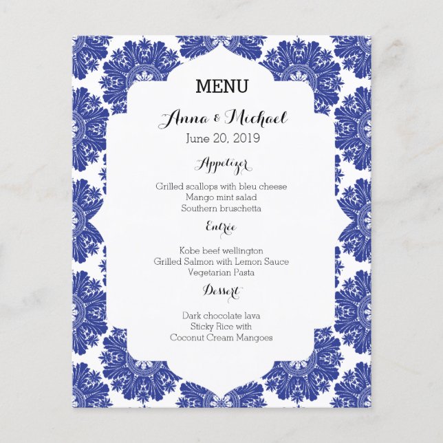 MENU Bela Suite de Casamento Barroco Azul e Branco (Frente)