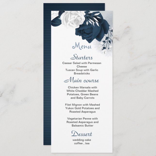 Menu belas flores brancas e marinhos (Frente/Verso)