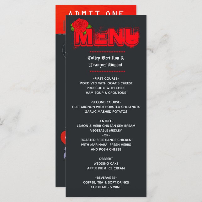Menu Bilhete de Casamento Rock and Roll (Frente/Verso)