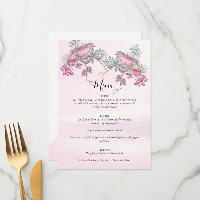 Menu Birds & Berries Pinecone Watercolor Winter Wedding (Frente/Verso In Situ)