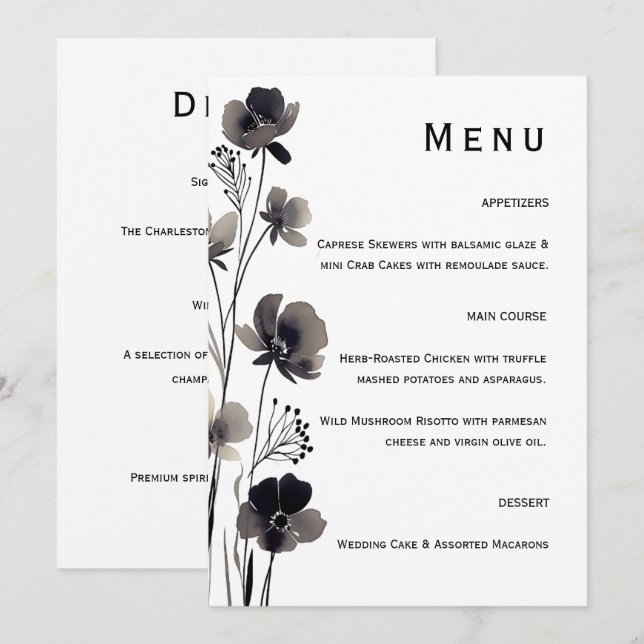 Menu Black and White Floral Wedding (Frente/Verso)