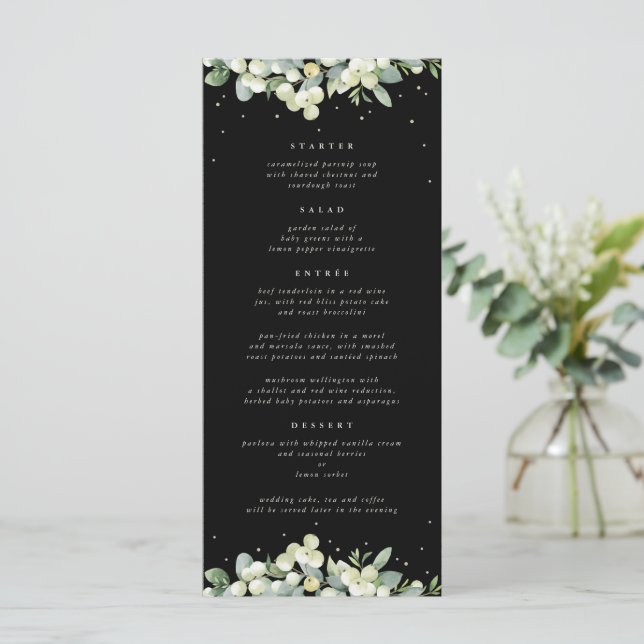 Menu Black Snowberry+Eucalyptus 4 Course Wedding Flat (Em pé/Frente)