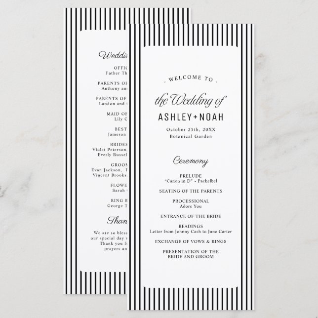 Menu Black Striped Elegance Classy Wedding Program (Frente/Verso)
