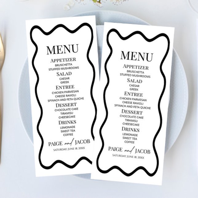 Menu Black White Elegant Wavy Border Wedding Food (Criador carregado)
