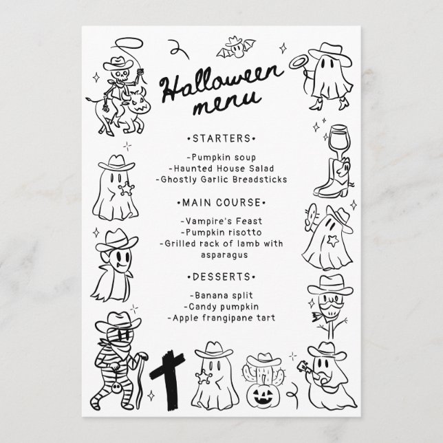 Menu Black & White Quirky Halloween Desenhado Mão Preta (Frente)