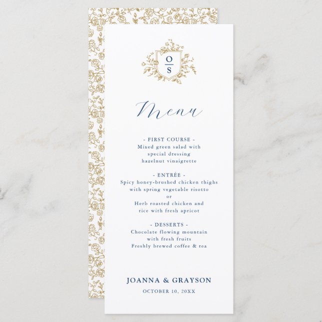 Menu Blue and Gold Vintage Botanical Wedding (Frente/Verso)