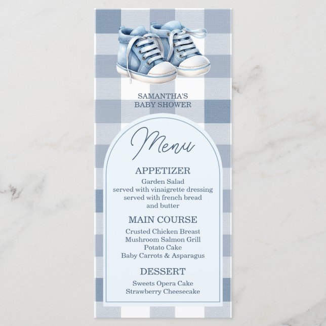 Menu Blue Baby Shoes Gingham Boy Booties Baby Shower (Frente)