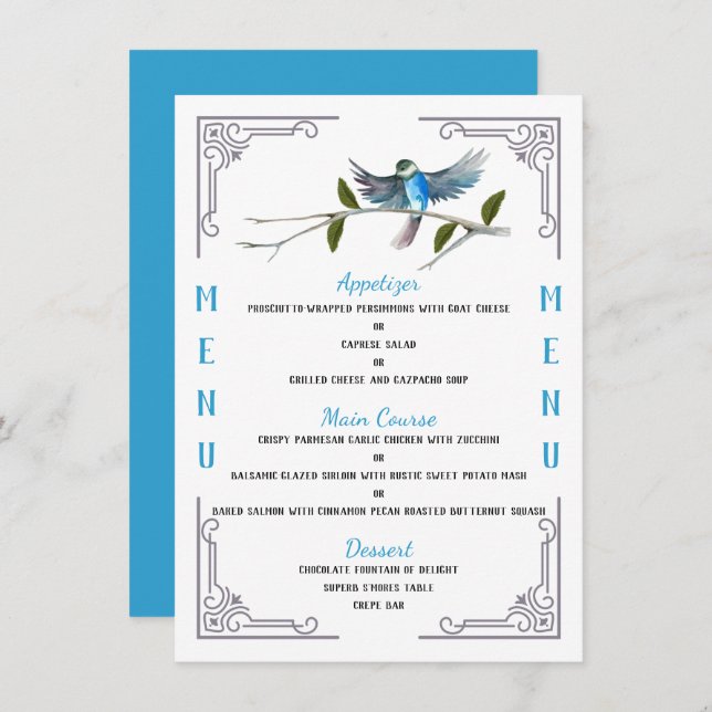 Menu Blue Bird of Feliness de 4,5" x 6,25" (Frente/Verso)
