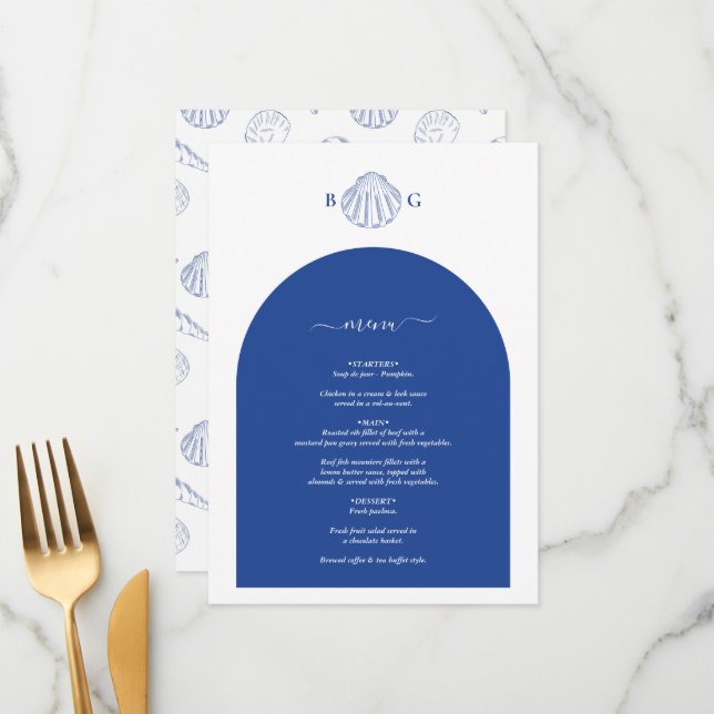 Menu Blue Clam Seashells Coastal Seaside Beach Wedding (Frente/Verso In Situ)