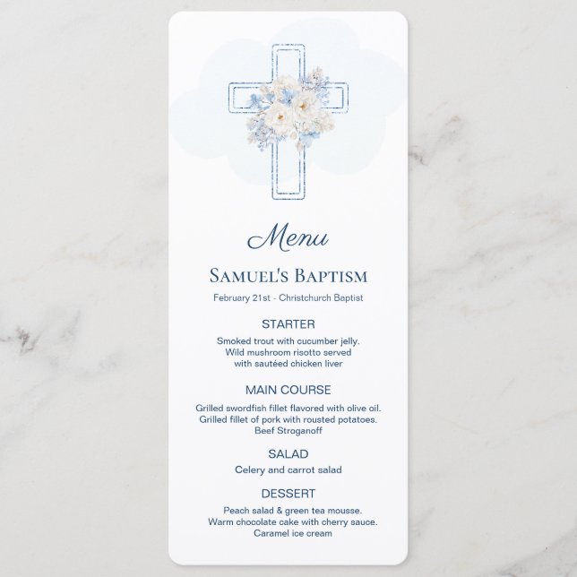 Menu Blue Floral Cross Baptism (Frente)