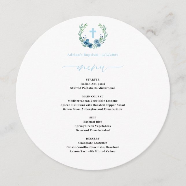 Menu Blue Floral Wreath Baby Boy Round (Frente)